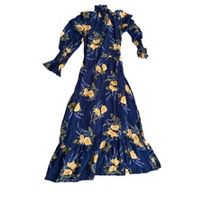 Reformation Navy Floral Print High Neck Maxi Dress Puff Sleeve Ruffle Size 4