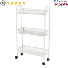 3-Tier Slim Rolling Storage Cart W/ Hooks Bathroom Organizer Metal Mesh Shelves