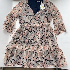 NWT Tommy Hilfiger Pink Floral V-Neck Midi Sheer Long Sleeve Tiered Dress Size L