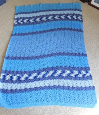 Handmade Soft Crochet Afghan Throw Blanket 70x46 Blue White Striped Shades Coast