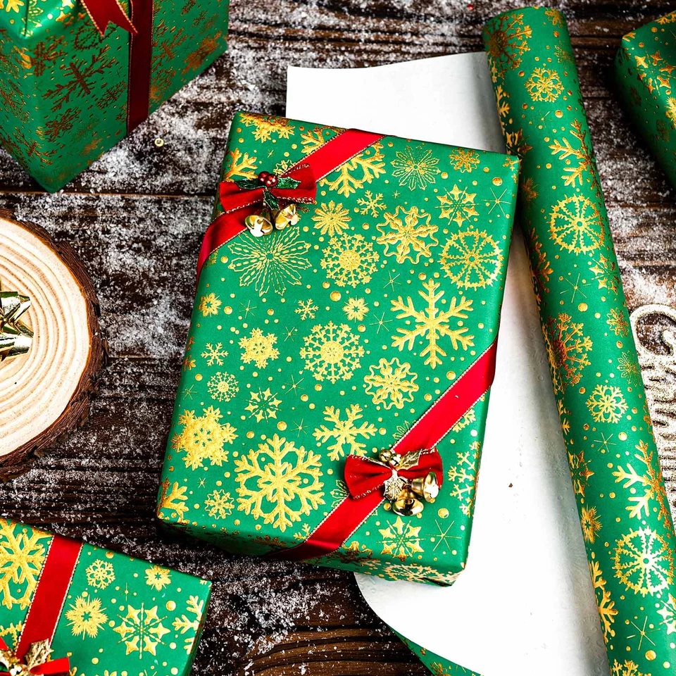 Green Gold Snowflake Christmas Wrapping Paper Roll Metallic Foil 17x33 Ft Gift - Image 2 of 4