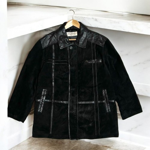 Balmain Black Suede Leather Car Coat Jacket, Size L, Genuine,