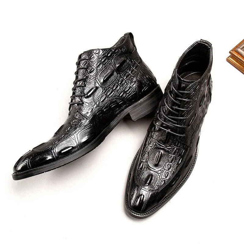 Botas Chelsea Británicas Para Hombres Cuero Real Negocios Con Cordones al Tobillo Estampadas de Cocodrilo Foto 2 de 4