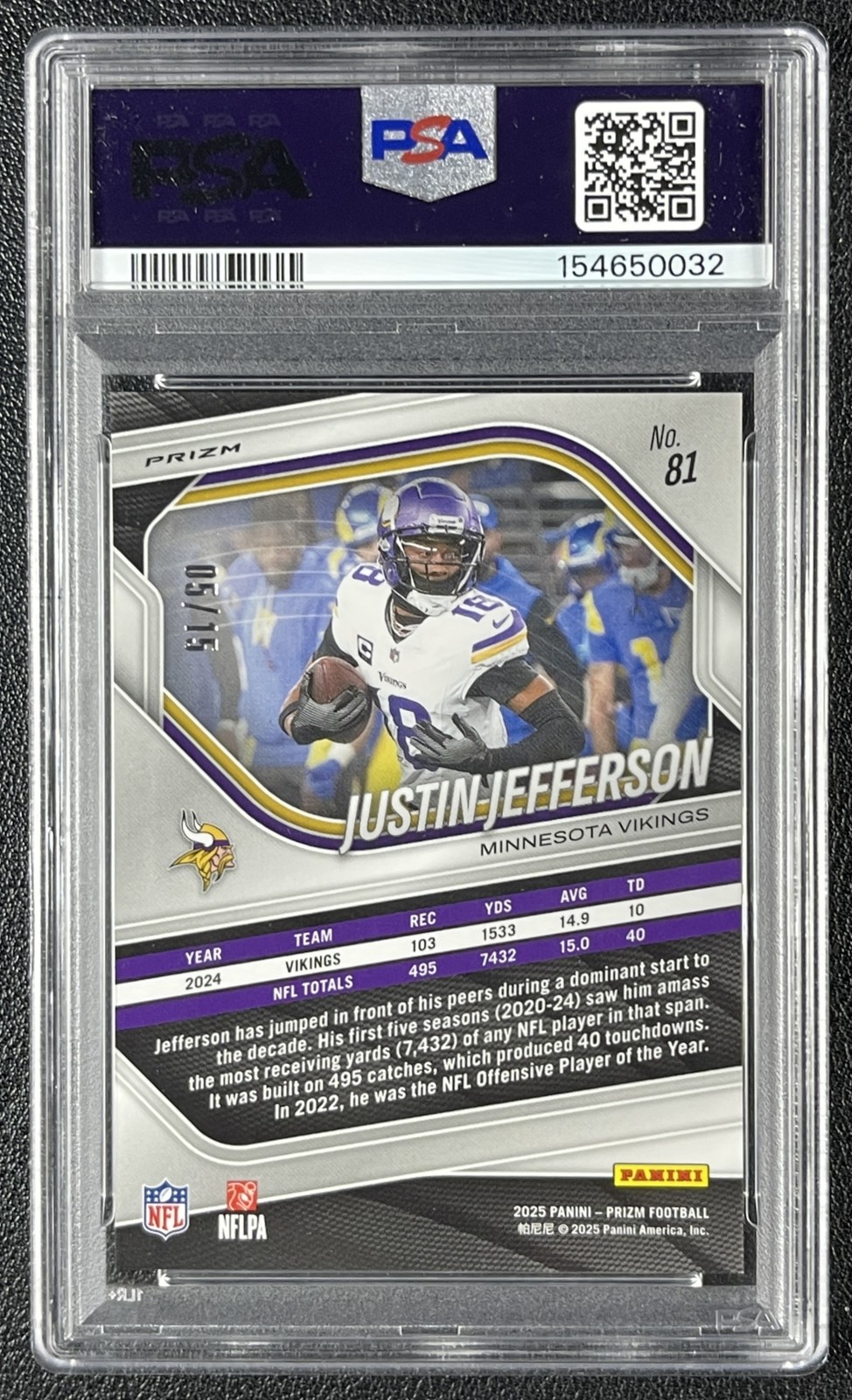JUSTIN JEFFERSON PSA 10 2025 PANINI PRIZM #81 CHOICE CHERRY BLOSSOM PRIZM 5/15 view 2