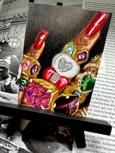 Original Art Edition Manicure Red Nails Jewelry Gold Ring Hand Painted ACEO OOAK