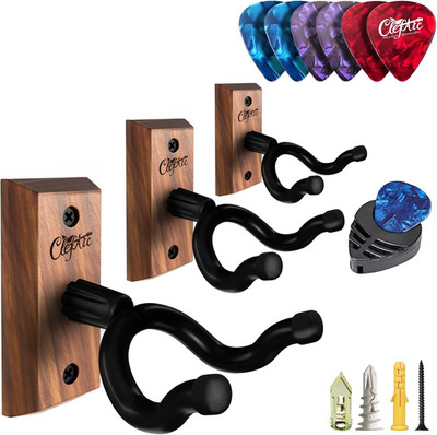 3-Pack Guitar Wall Mount Hangers Black Walnut with 6 Picks & Pick Holder Set