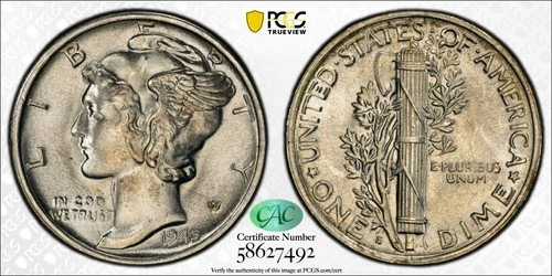 MS66 CAC 1945-S Mercury Silver Dime FS-512 Micro S, PCGS Trueview- Bright Luster