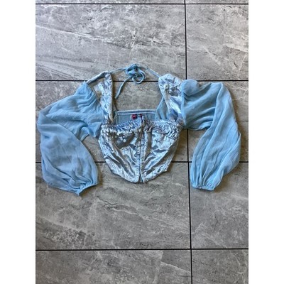 Urban Outfitters Light Blue Velvet Corset Top Sheer Balloon Sleeve XS