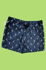 Men s Flamingo Print Swim Trunks Navy Blue Beach Shorts XXL adj string 38-44