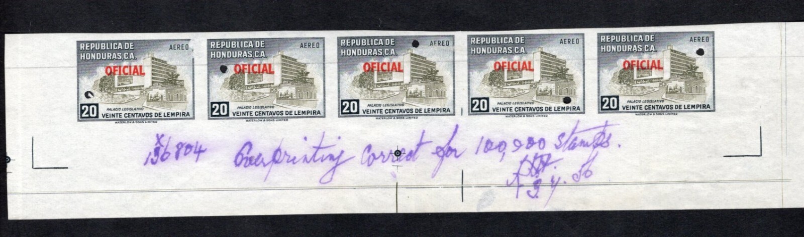Honduras 1956 strip of stamp Mi#Dienst 179 Official PROOF RR MNG Honduras 1956 strip of stamp Mi#Dienst 179 Official PROOF RR MNG