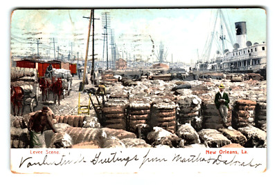 Postcard LA Levee Scene Cotton Bales Horses Buggy Ships New Orleans