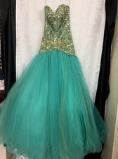 Sherry Hill Prom Dress Turquoise Full Netting Gold Beaded Strapless Top Size 00