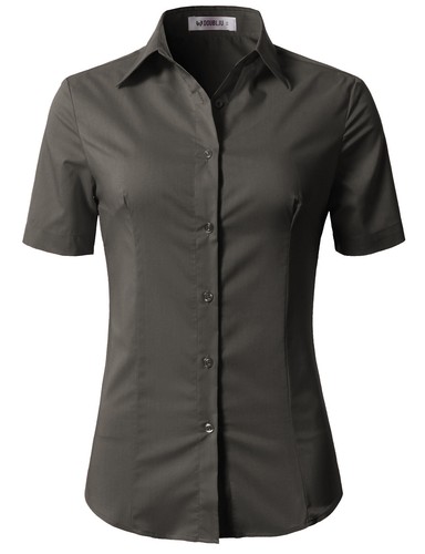 Womens Button Down Shirt Basic SLIM FIT Simple Short Sleeve Collared S010 - Picture 29 of 95