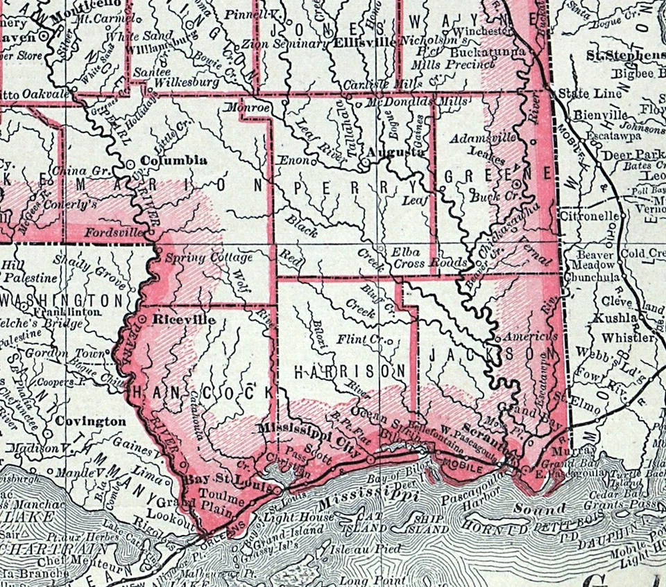 Mapa ferroviario Rand McNally 1881 Mississippi Jackson Natchez Biloxi Gulf Shores MS Foto 4 de 4