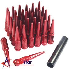 Red 32pcs For Ford F250 F350 Dodge Ram 2500 3500 Spike Wheel Lug Nuts 9/16-18
