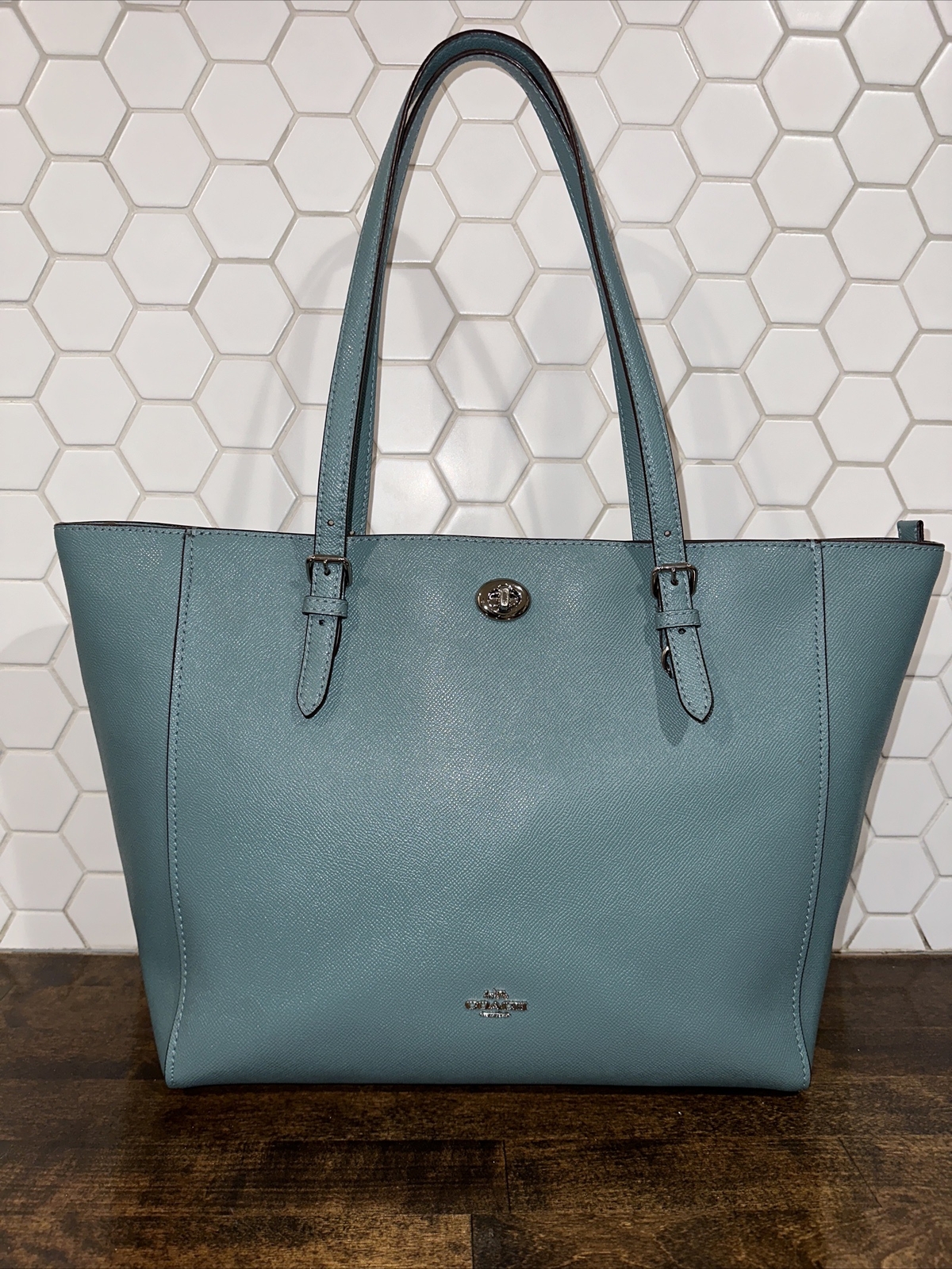 COACH Crossgrain Leather Laptop Tote Sage Blue 29086 Gem