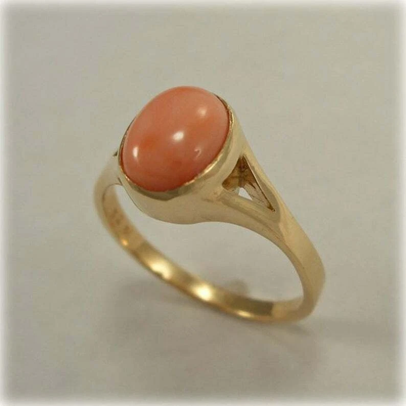 Anillo enchapado en oro de 5,35 quilates de coral rosa para hombre/mujer, anillo hecho a mano de plata de ley 925 Foto 4 de 4