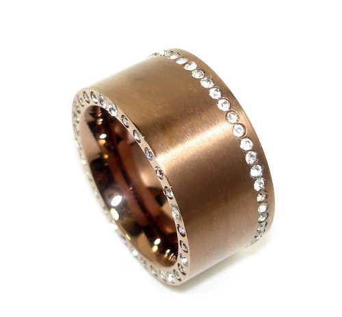 Stainless Steel Rings Women 12mm Rose Brown Black with Stones Modern 2 Rows Zirconia - Picture 2 of 6