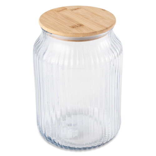 Large (3 L) Ribbed Glass Kitchen Organization Jar with Bamboo Lid, Clear