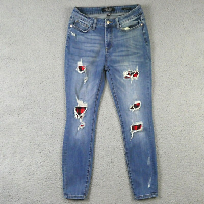 Judy Blue Jeans Skinny Fit 7/28 Plaid Check Patched Distressed Blue Denim Ankle
