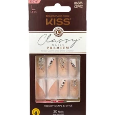 Kiss Nails Classy Premium Glue Manicure Long Square White Silver Glitter Gems 