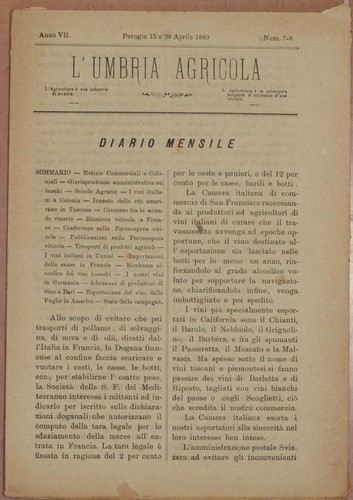 L'UMBRIA AGRICOLA 15 30 APRILE 1889 VITICOLTURA PUGLIA BARI VINI COLONIA TUNISI - 第 1/1 張圖片