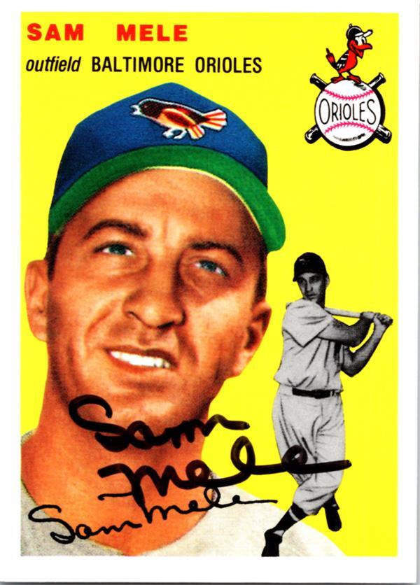Sam Mele signed baseball card (Baltimore Orioles) 1994 1954 Topps Archives #240