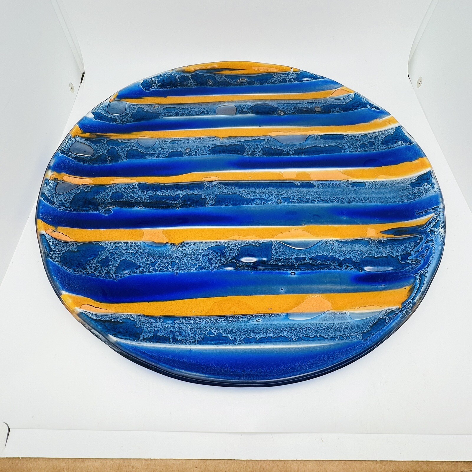 Fused Art Glass Plate Platter Decor Striped Blue Yellow RD Glass? 13.25”D