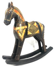 VTG Hand Carved Hammered Brass and Bone Inlaid Rocking Horse Country Core