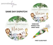 Safari Tier Party Tasche Personalisiert Geburtstag Rund Aufkleber S&uuml;&szlig;e T&uuml;te