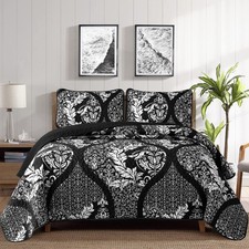 DJY Black Quilt Set Queen Size, Boho Damask Bedspread Coverlet Set Soft Light...