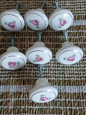 Vintage Porcelain Knobs Pulls Drawer Cabinet Pink Roses Gold Ring. Set of 7
