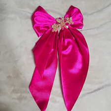 Pink Satin Bow Hair Clip Barrette with Gold Beaded Crystal Accent, Solid, Women