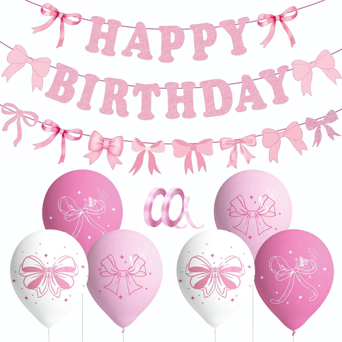 Pink Bow Happy Birthday Banner and 6Pcs Balloons,Pink Garland Party ...