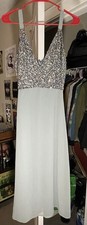 Lace Beads Sequin Light Blue Silver Sleeveless V-Neck Long Gown Dress Size S