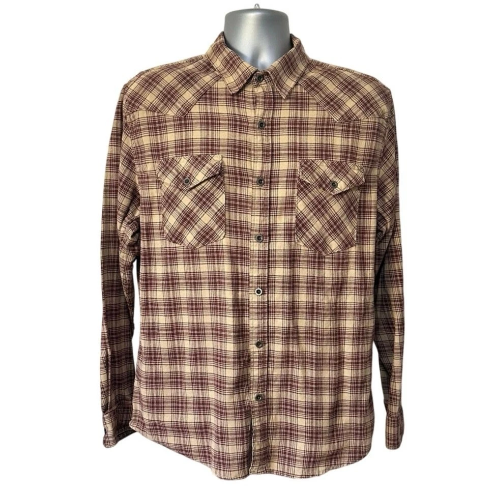 Wrangler Men’s L Brown Tan Plaid Flannel Shirt Cotton Button Front Western
