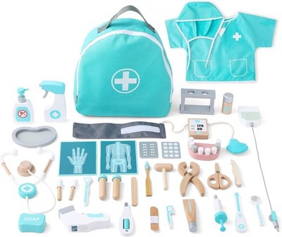 UMU  Deluxe Holz Arztkoffer Kinder Spielset mit Stethoskop, Arztkittel, Zahnarzt