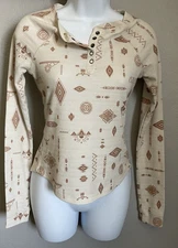 Rank 45 Rodeo Graphic long Sleeve Thermal Top Womens Size XS Ivory Brown