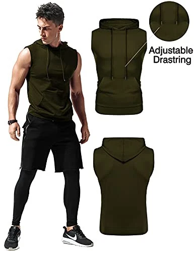 Men's Workout Hooded Tank Tops Sleeveless Gym Hoodies Large Army Green - Image 2 of 4