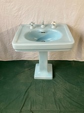 Antique 28x22 Light Blue Ceramic Pedestal Sink Old Vtg Standard 422-25E