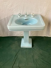 Antique 28x22 Light Blue Ceramic Pedestal Sink Old Vtg Standard 422-25E