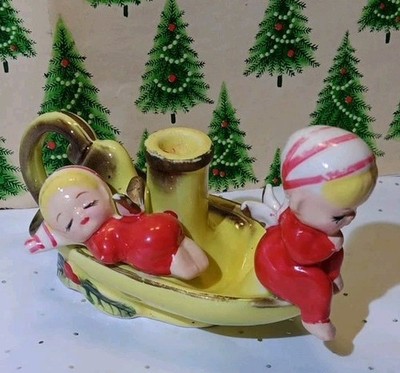 Vintage Kreiss Ceramic Christmas Angels Candle Holder Sleeping Cherubs Kress
