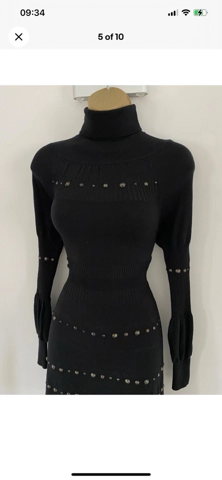 VESTIDO DE MALHA FINA KAREN MILLEN TAMANHO 1 - 8 10 VINTAGE LÃ MERINO CRAVEJADO GOLA REDONDA - Imagem 4 de 4