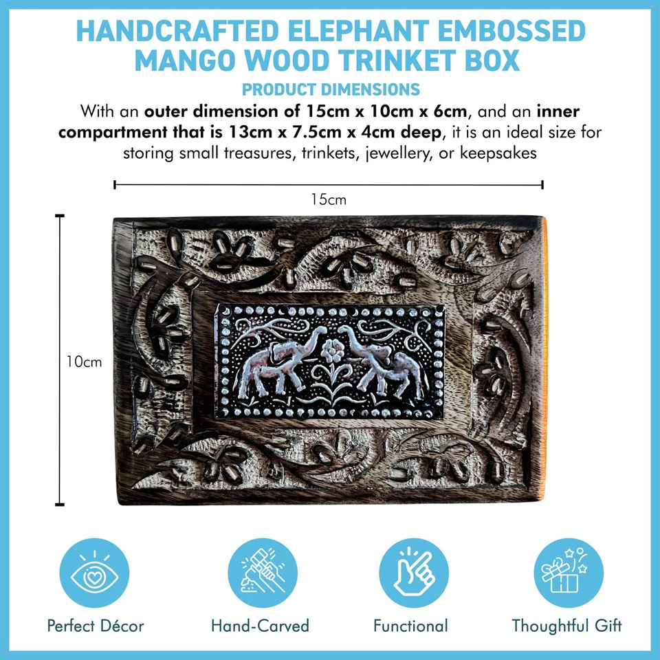 Handcrafted Mango Wood Trinket Box with Elephant Embossed Design - Image 4 of 4