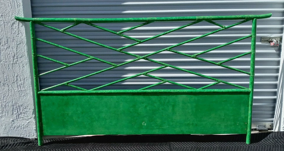 Vintage Mid Century King Size Pagoda Bamboo Green Headboard - Image 2 of 4
