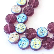 9mm Czech Glass Full Moon Faces Beads - Matte - Amethyst AB (12 pcs)