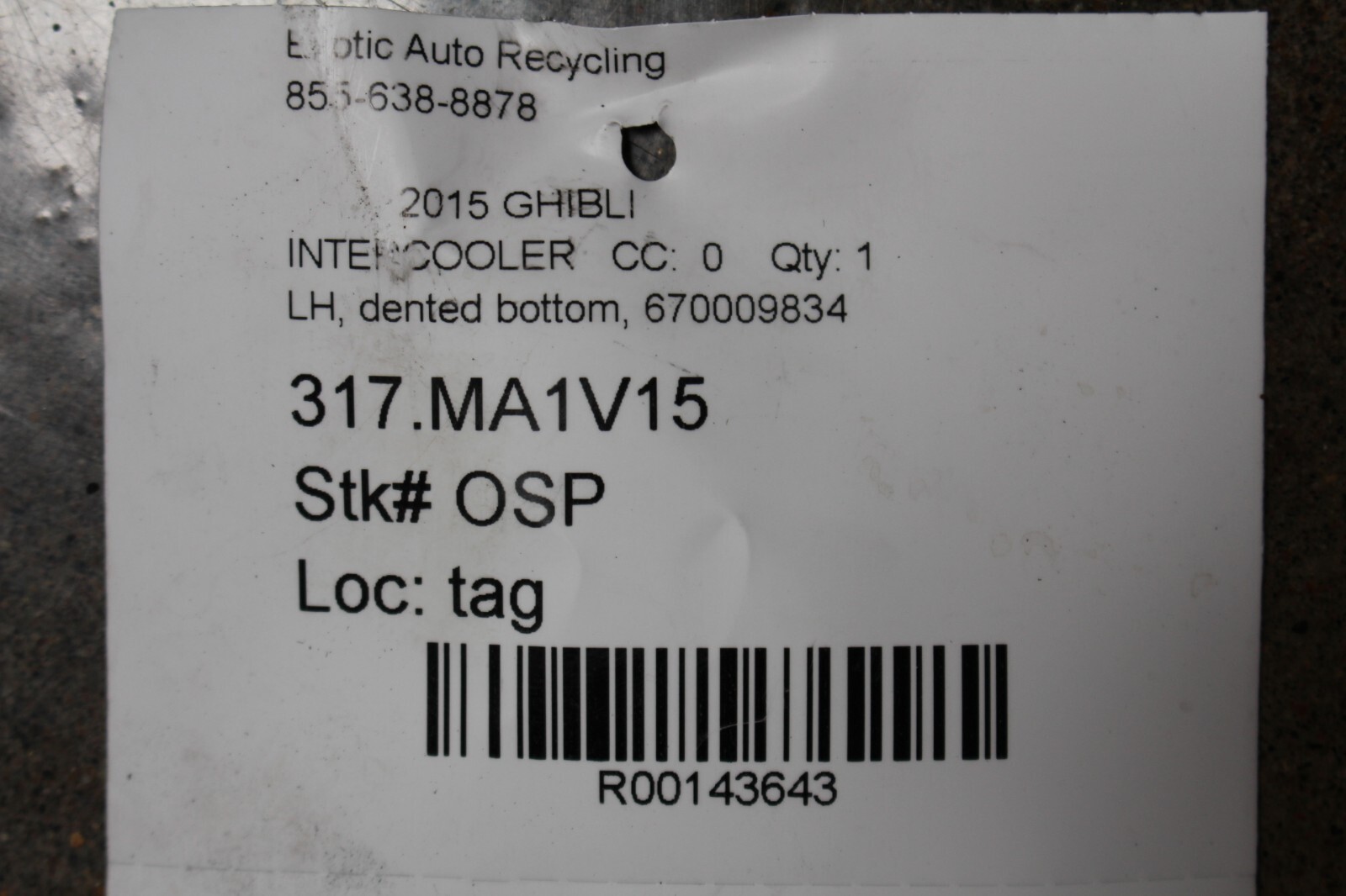 Maserati Ghibli, Quattroporte, LH, Intercooler, Dented, Used, P/N 670009834