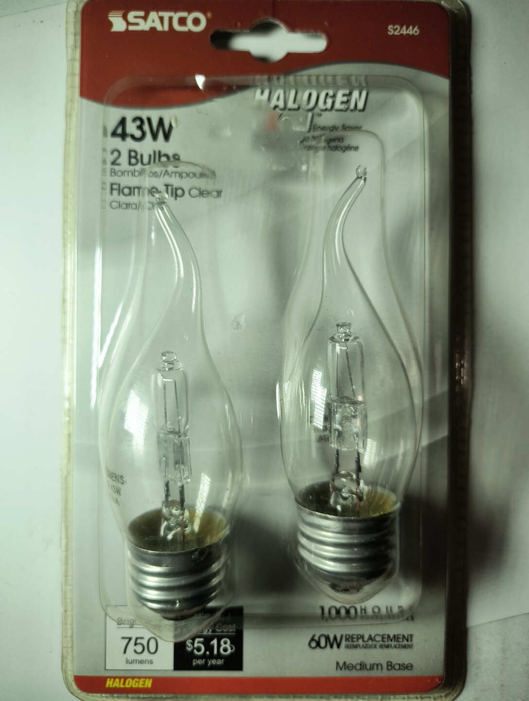 SATCO 43W=60W Excel Energy Saver. Medium Base Clear Flame Tip, Price