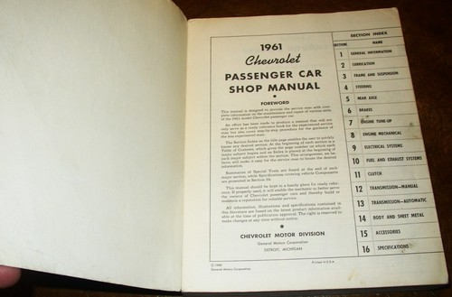 1961 61 Chevrolet Shop Manual Biscayne Bel Air Impala Brookwood Nomad Parkwood - Picture 3 of 3