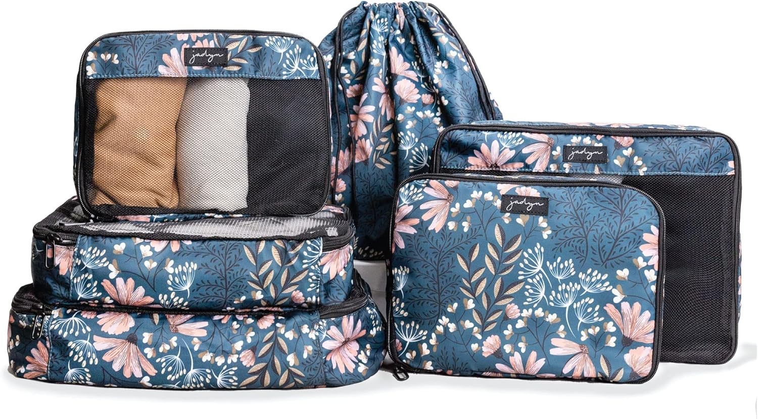 Jadyn 6-Piece Travel Packing Cubes Set - Large & Medium Sizes in Navy Floral Pattern-image
